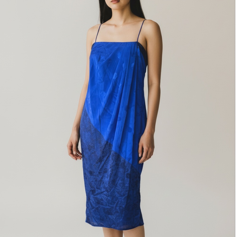 Blue Vintage 80’s Satin Print Rayon Slip Dress Faux Wrap Medium Evening Studio54
